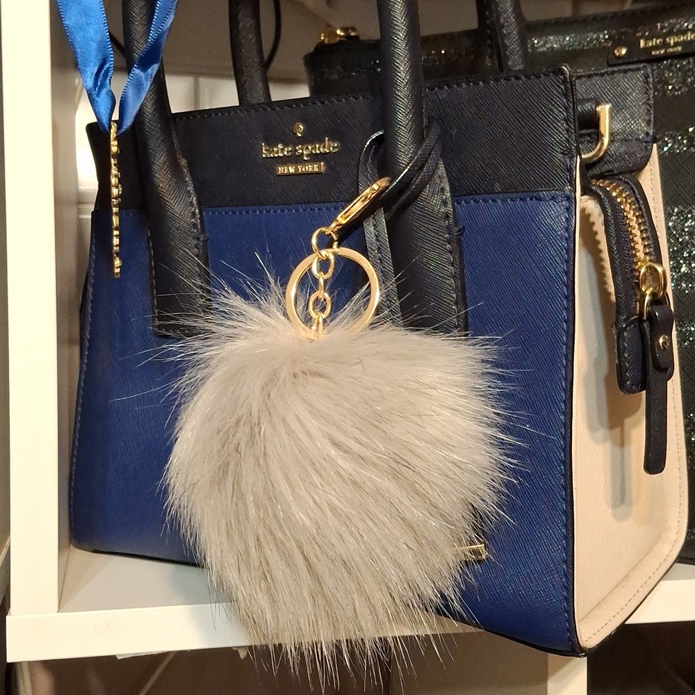 Faux Fur Pom Pom Bag Charm Keyring. Luxury Handmade Bag Jewelry Med Gray